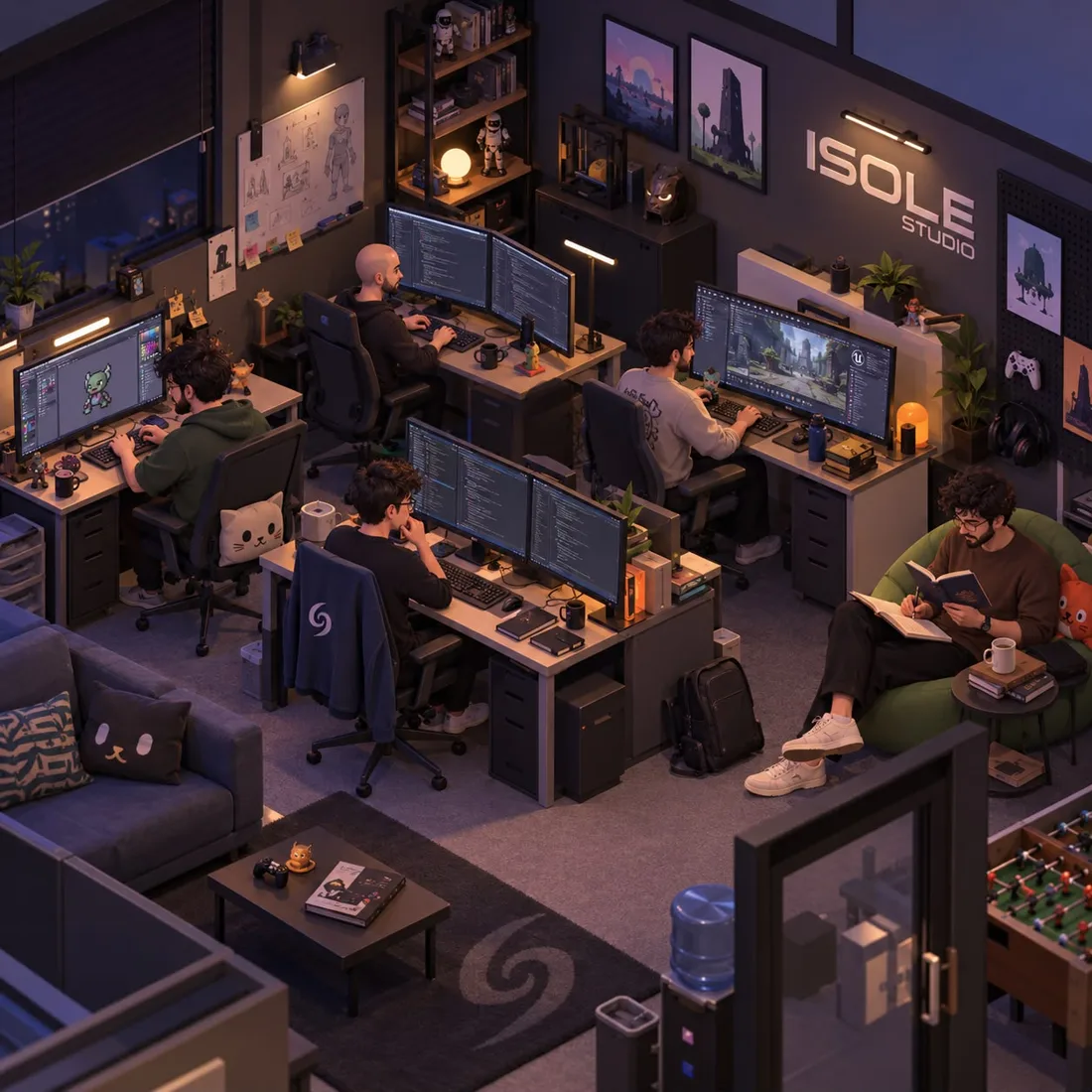 An evening scene of the Isole Studio team working in their game development studio