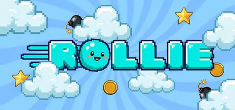 Pixel-art game artwork featuring the Rollie logo, clouds, stars, coins, and bombs