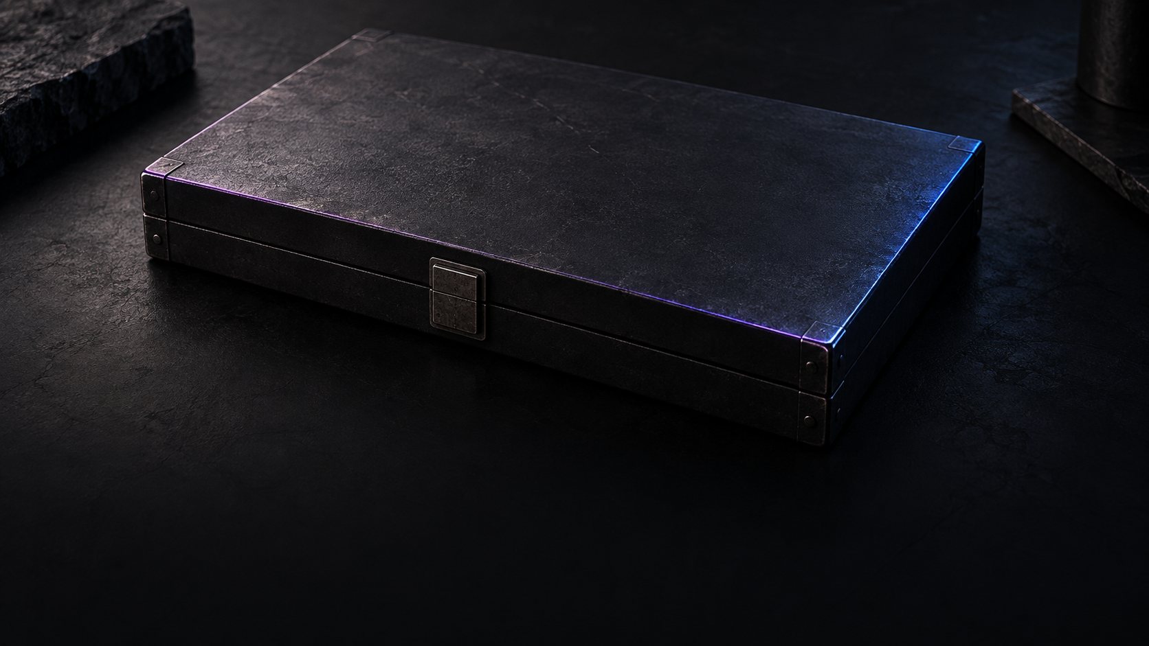 A closed project case with violet and blue edge lighting for unannounced projects